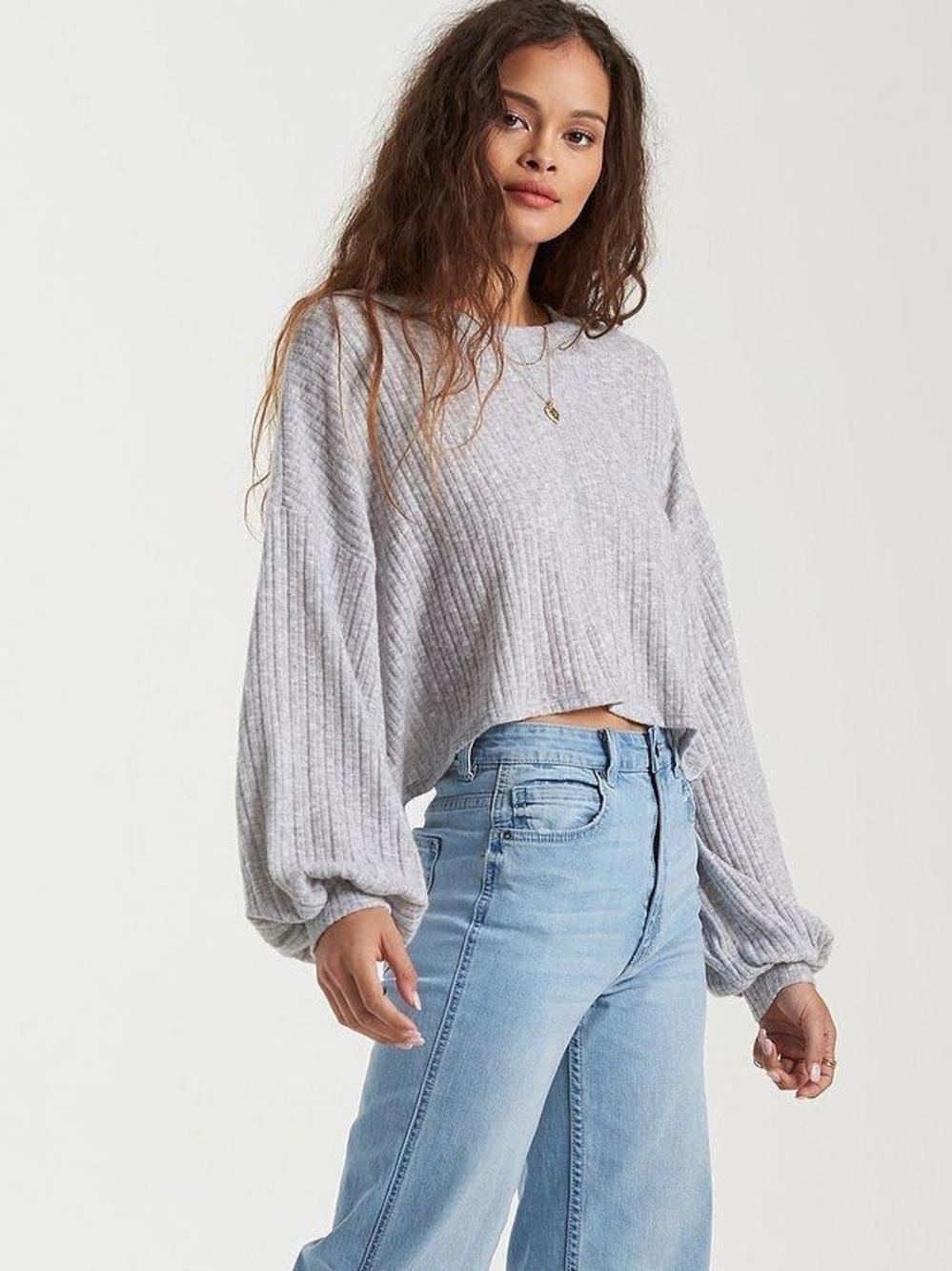 Billabong Miles Away Ribbed Balloon Sleeve Cropped Top Gray M